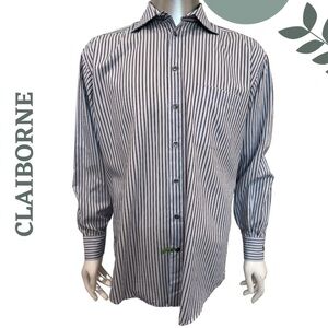 🛍️3/$40 CLAIBORNE Men’s Striped Dress Shirt Classic Blue Brown - Size 16